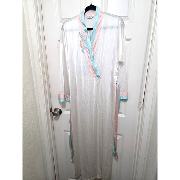 Vintage Vanity Fair White Satin Long Y2K 80s Victorian Robe Pastel Pink & Blue E - Picture 1 of 10
